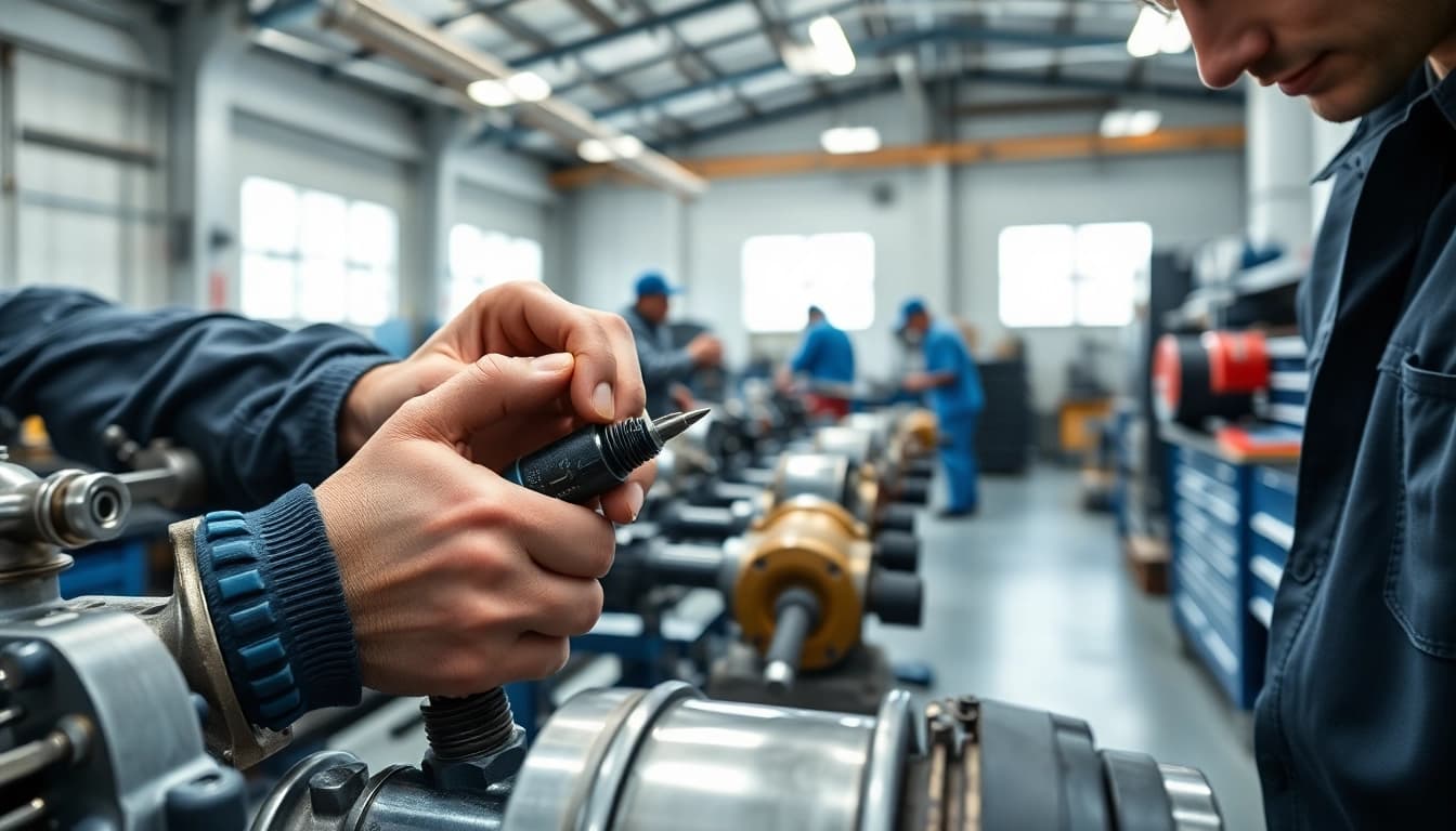 Technicians providing hydraulic repair services in a modern workshop.