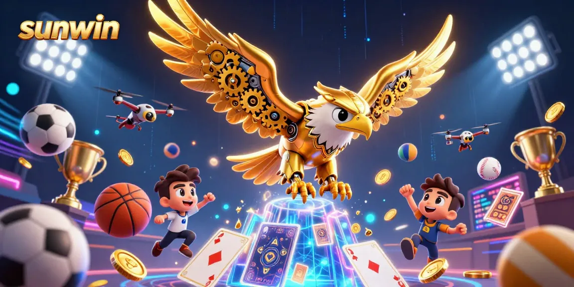 Sunwin elevates gaming excitement with a 3D cybernetic eagle amidst dynamic sports-themed elements.
