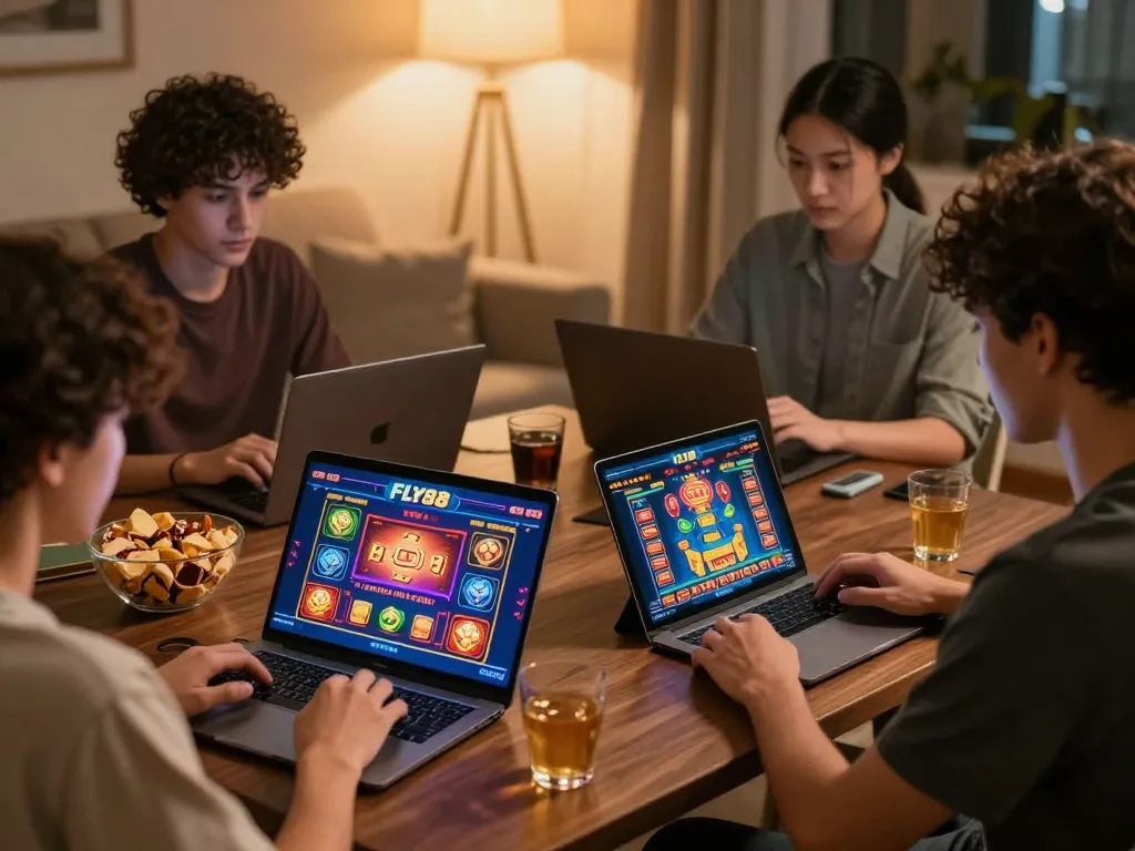Players engaged with fly88 on tablets at home, showcasing a responsible gaming atmosphere.