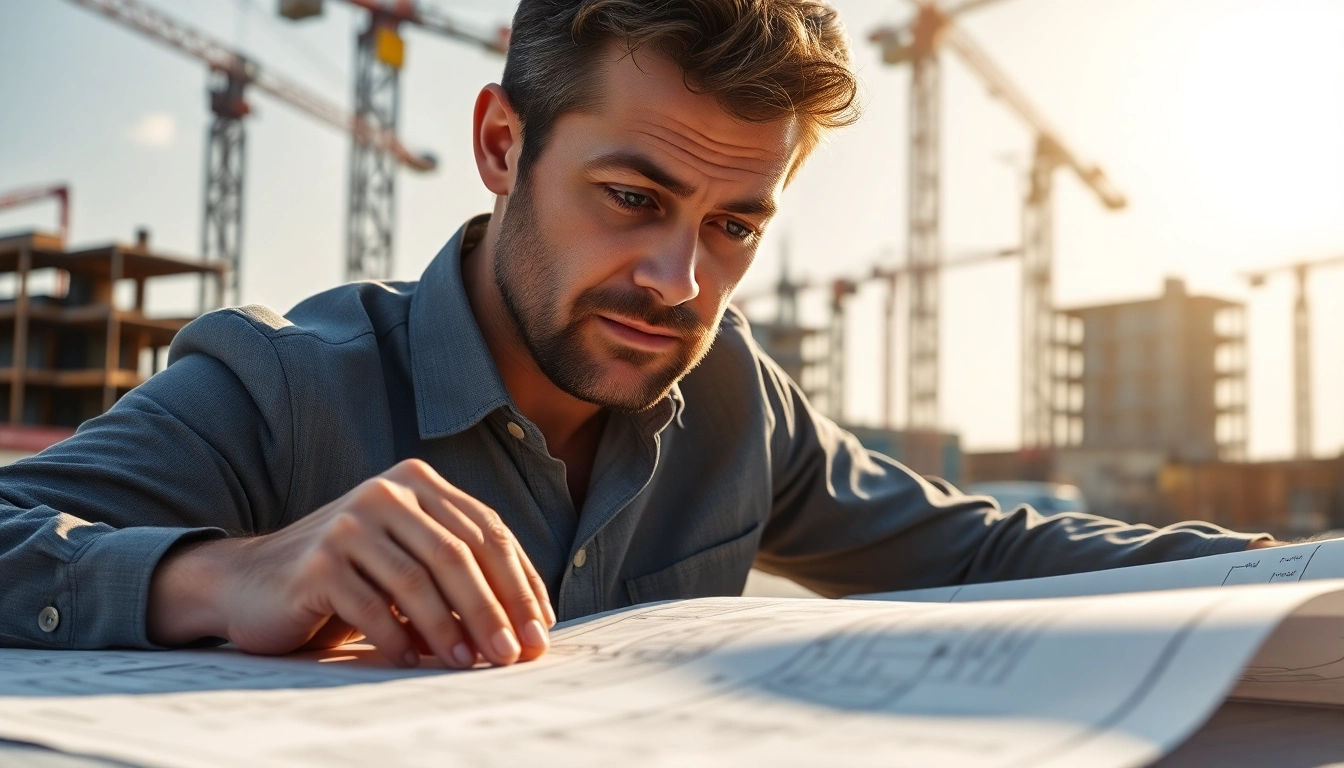 Real Estate Developer analyzing site plans for a construction project