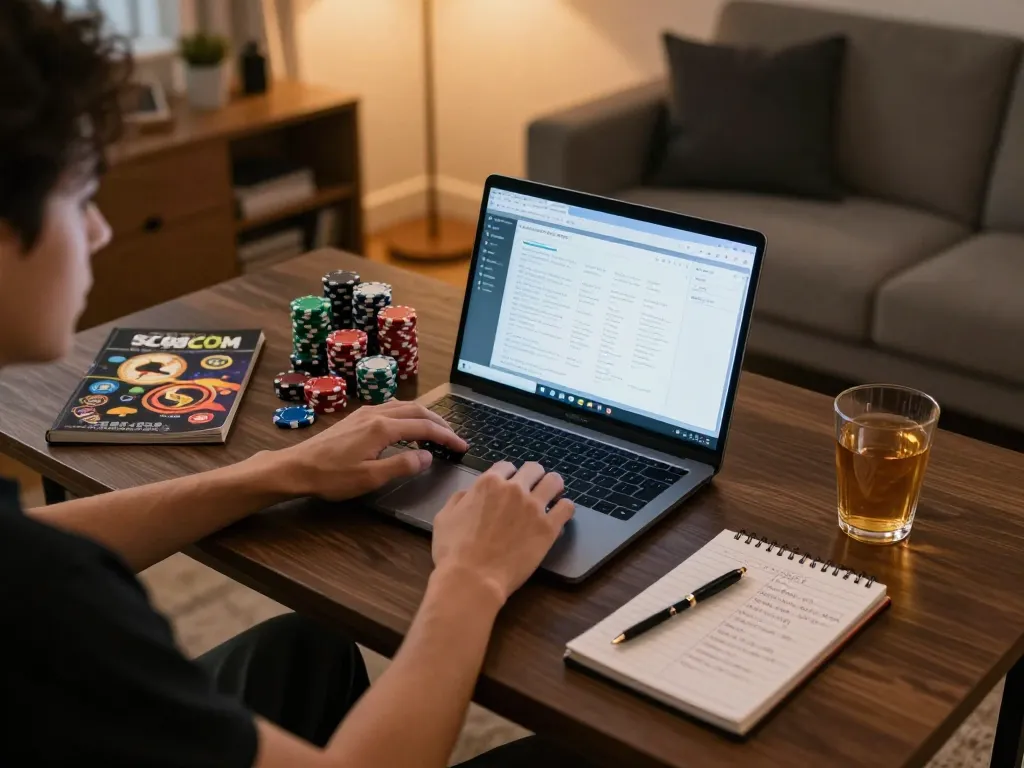 A player enjoying strategic gameplay on SC88 COM with laptop and poker chips at home