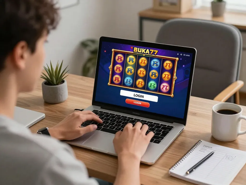 Engaging BUKA77 LOGIN scene with a player focused on an online slot game interface on their laptop.