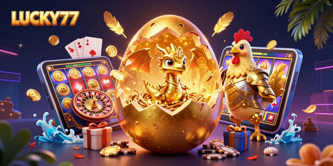 Spin to win with LUCKY77 in this vibrant casino scene featuring a dragon and poker chips.