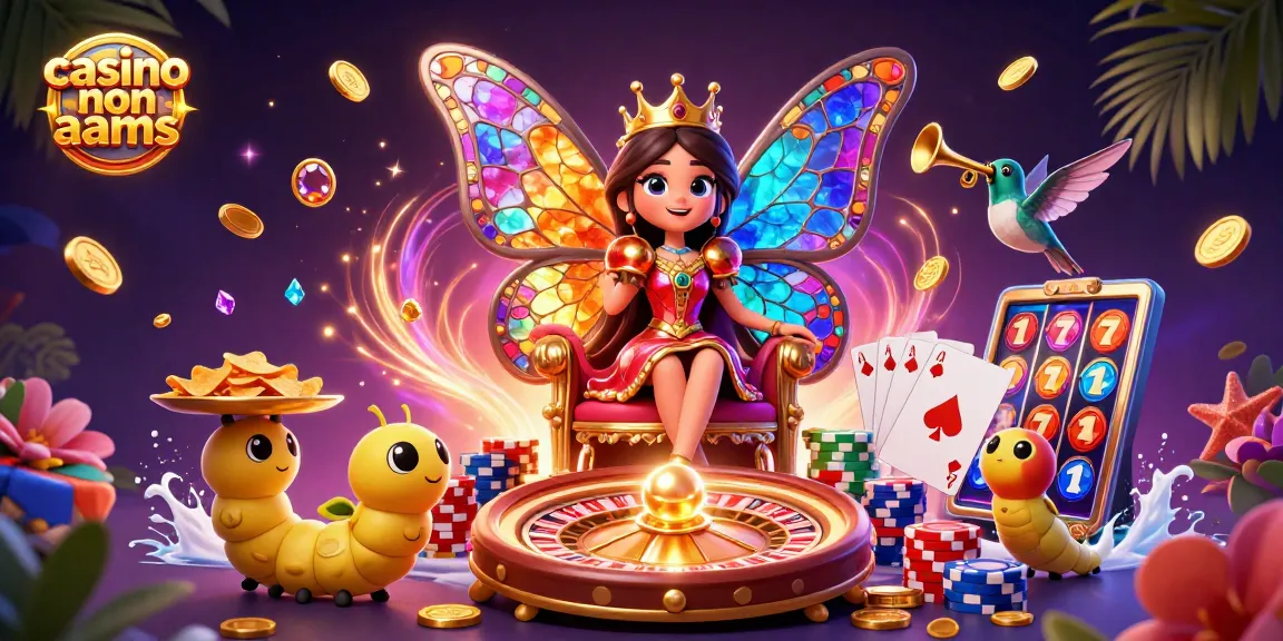 Casinò non AAMS: regina farfalla e serventi con fiches in un'illustrazione 3D vibrante