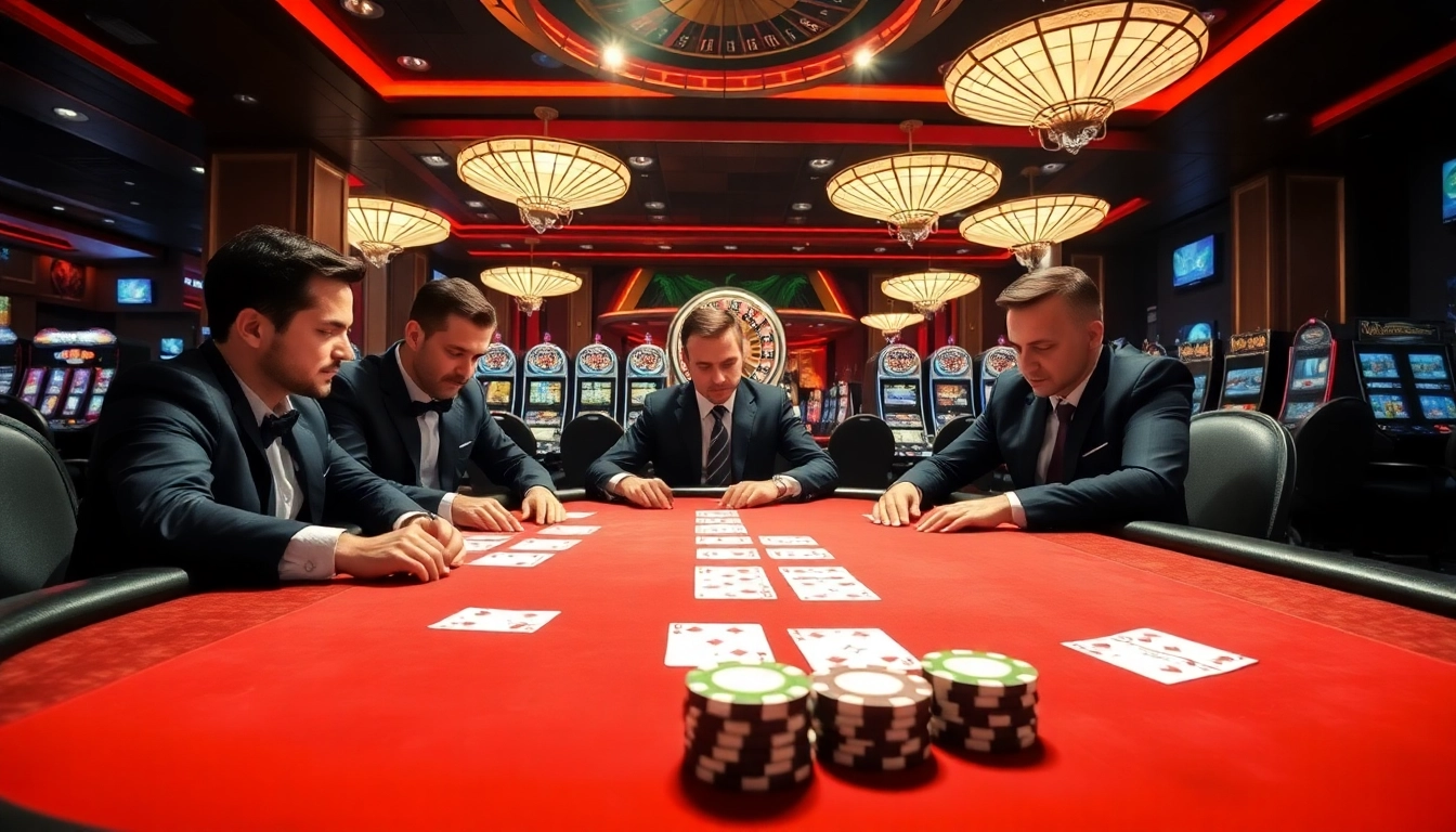 Une scène de casino vibrante mettant en scène des joueurs autour d'une table de poker à enjeux élevés dans une atmosphère luxueuse, mettant en avant le casino fiable en ligne.