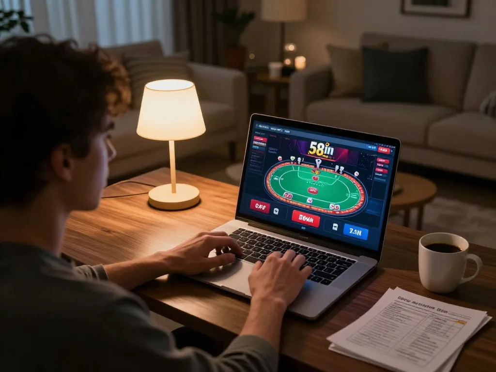Engaging in online gaming at home with 58win, showcasing a cozy atmosphere and gameplay excitement.