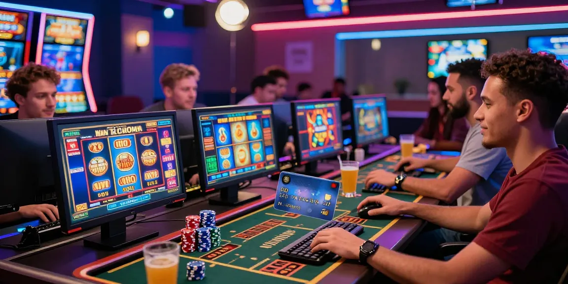Exciting online gaming atmosphere showcasing players at credit card casinos with colorful slot games and vibrant neon lights.