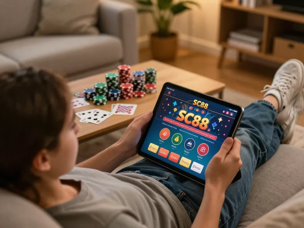 Player exploring SC88 casino app on tablet during cozy gaming session at home