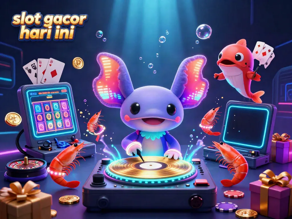 Menggenggam slot gacor hari ini dengan DJ axolotl neon beraksi, dikelilingi oleh elemen permainan kasino yang menakjubkan.
