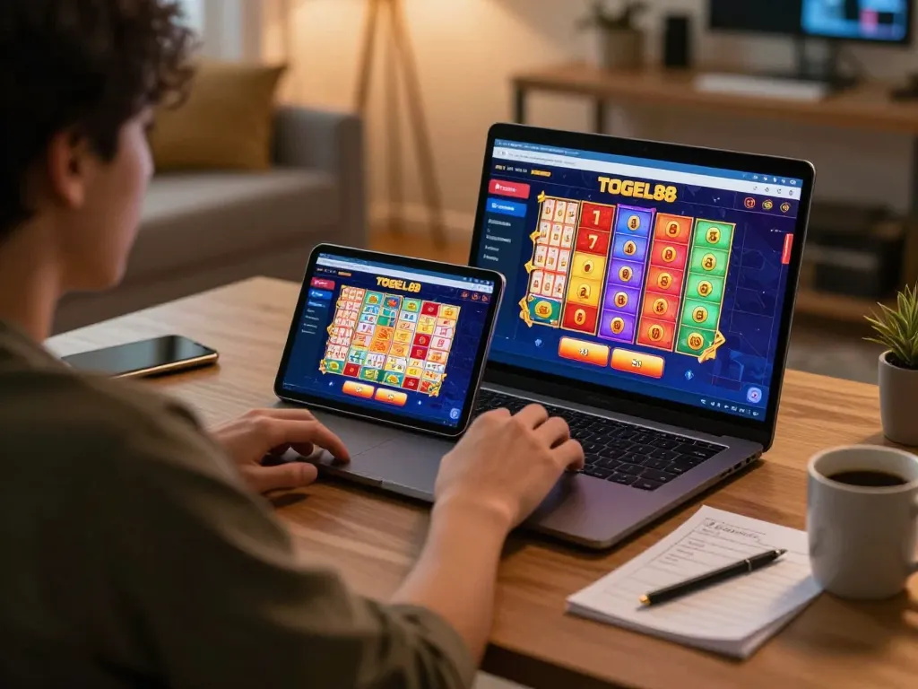 Player engaging with TOGEL88 online lottery platform, displaying vivid betting interface and strategy notes