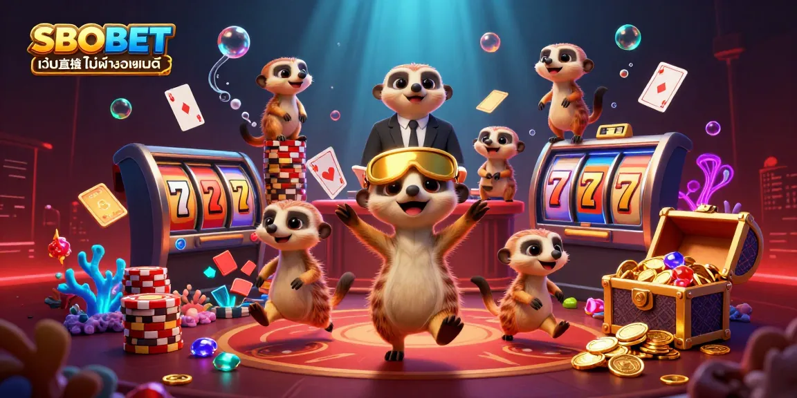 SBOBET เว็บตรงไม่ผ่านเอเย่นต์ showcases cute meerkats running a dynamic casino operation amidst lively game elements.