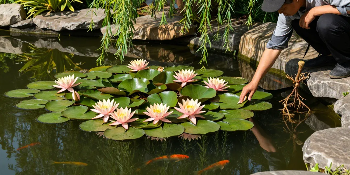 Vibrant water lilies floating on a tranquil pond, showcasing a beautiful aquatic garden.