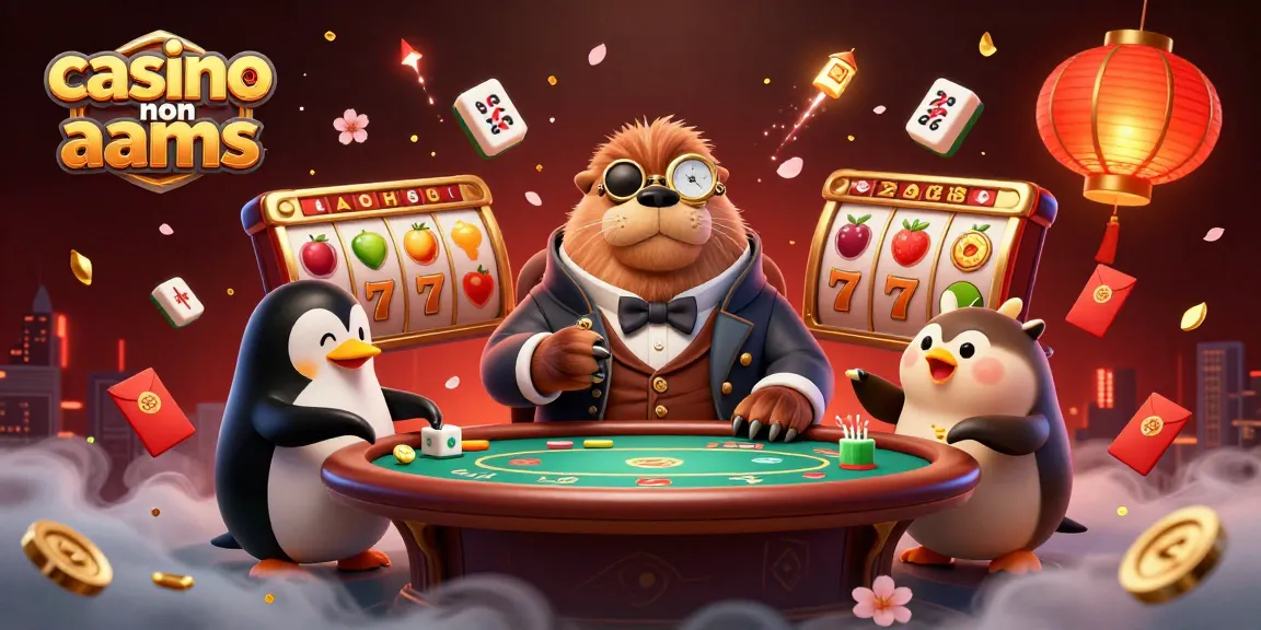 Giocando a casino non aams: un walrus in abito da gentiluomo al tavolo, circondato da luci e simboli fortunati.