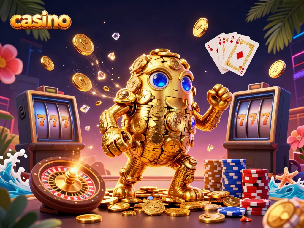 Casino gameplay scene with a golden golem, coins, and vibrant game elements.