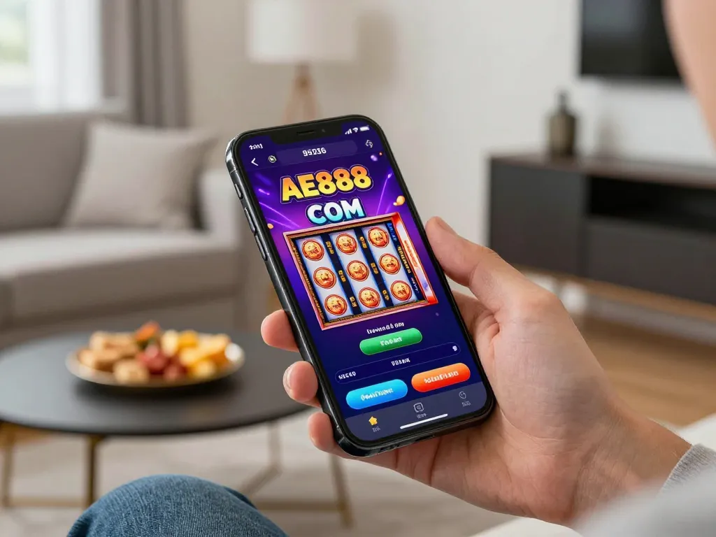 Engaging mobile gameplay on AE888 COM app shows vibrant slots and cozy home setting.