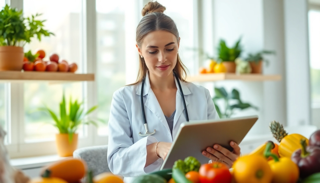 Nutritionist exploring solutions for weight loss plateau with colorful fruits and vegetables.