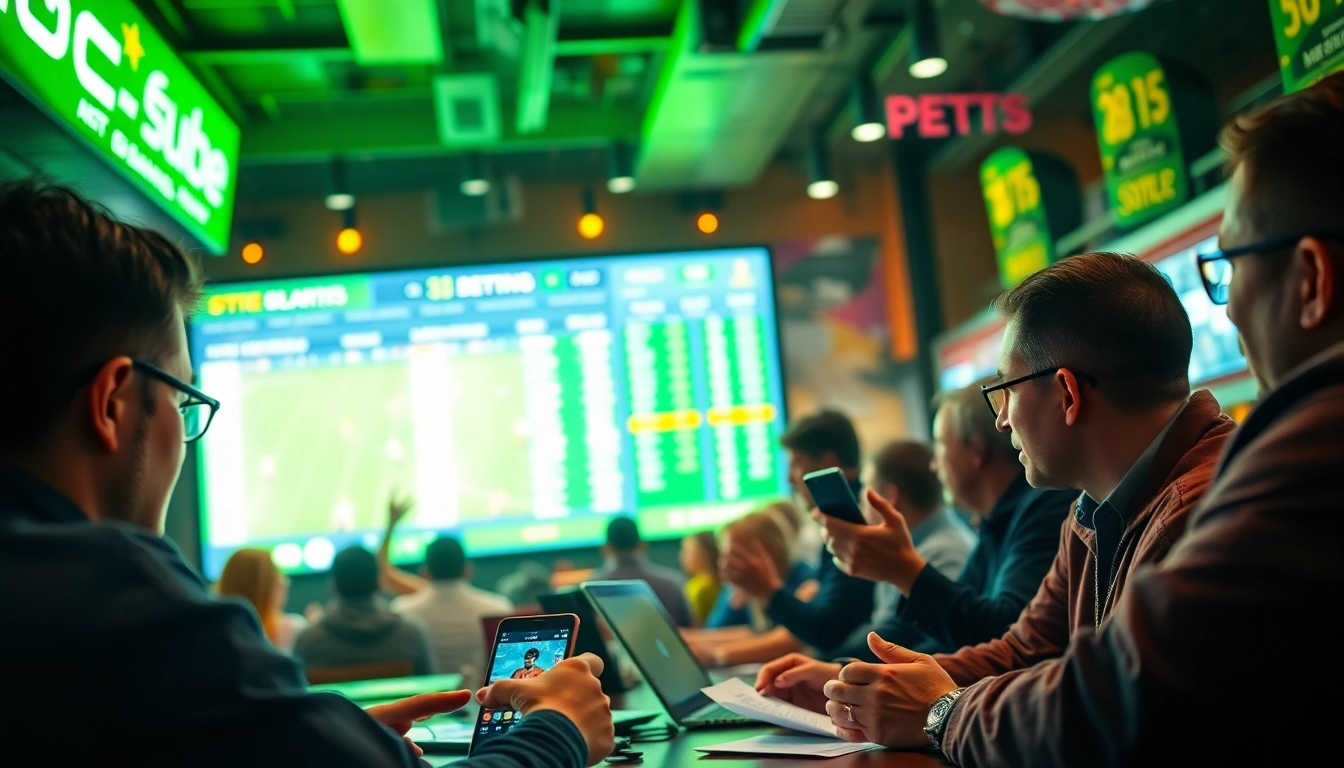 Bettors engaging with online platforms at the best sportsbooks Brazil in a vibrant sports bar atmosphere.
