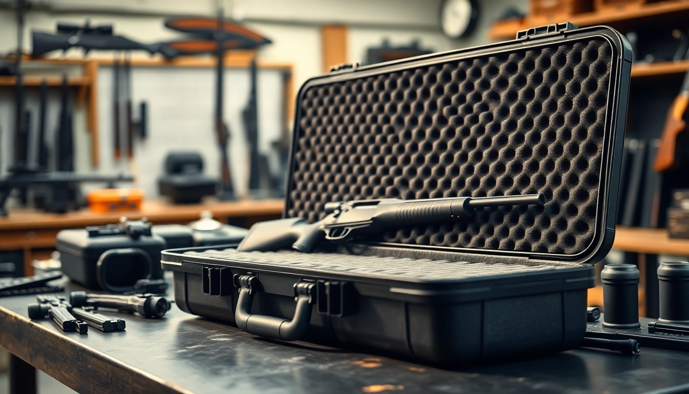 Showcase of foam for rifle case with personalized interior and surrounding firearms.