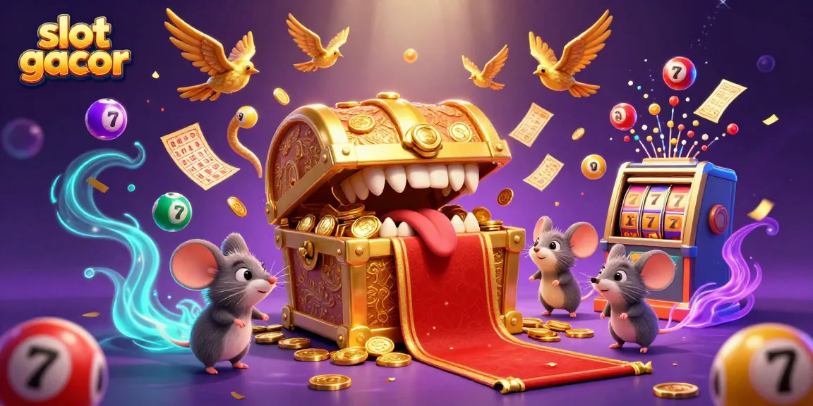 Slot gacor diilustrasikan dengan karakter karung harta yang menarik bagi para pemain, dikelilingi dadu warna-warni.