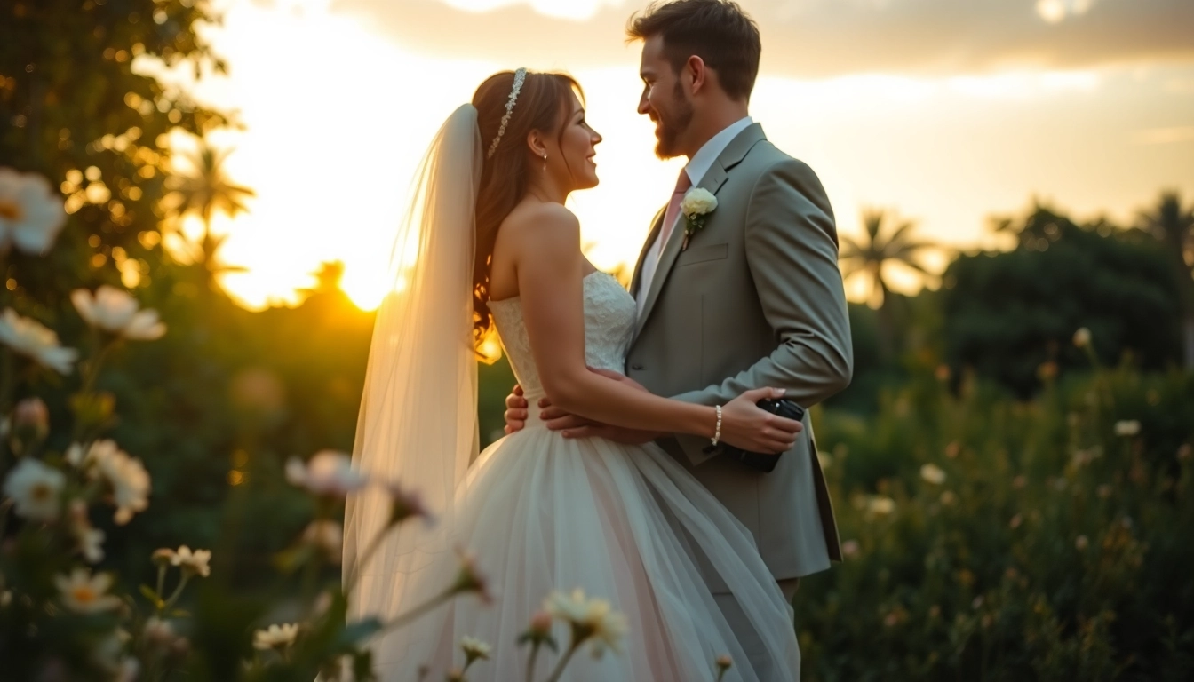 Capture the essence of Wedding photography with couples in a picturesque garden embracing under golden light.