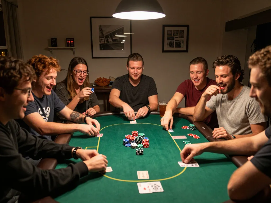 A group of friends playing poker at home with 789bet strategies in focus, showcasing excitement and camaraderie.