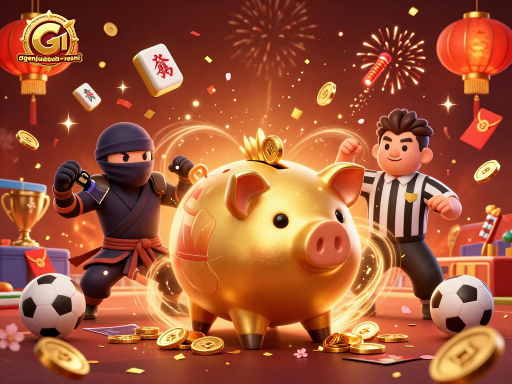 A thrilling action scene showcasing the agenjudibola-resmi piggy bank sumo wrestler, wallet-ninja, and credit-card samurai amidst sports betting elements, celebrating victories.