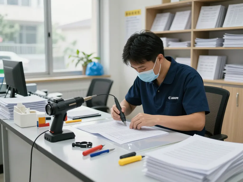 Kỹ thuật viên chuyên gia bóc ép plastic hà nội cẩn thận loại bỏ lớp ép từ các tài liệu quan trọng tại một trung tâm dịch vụ sạch sẽ.