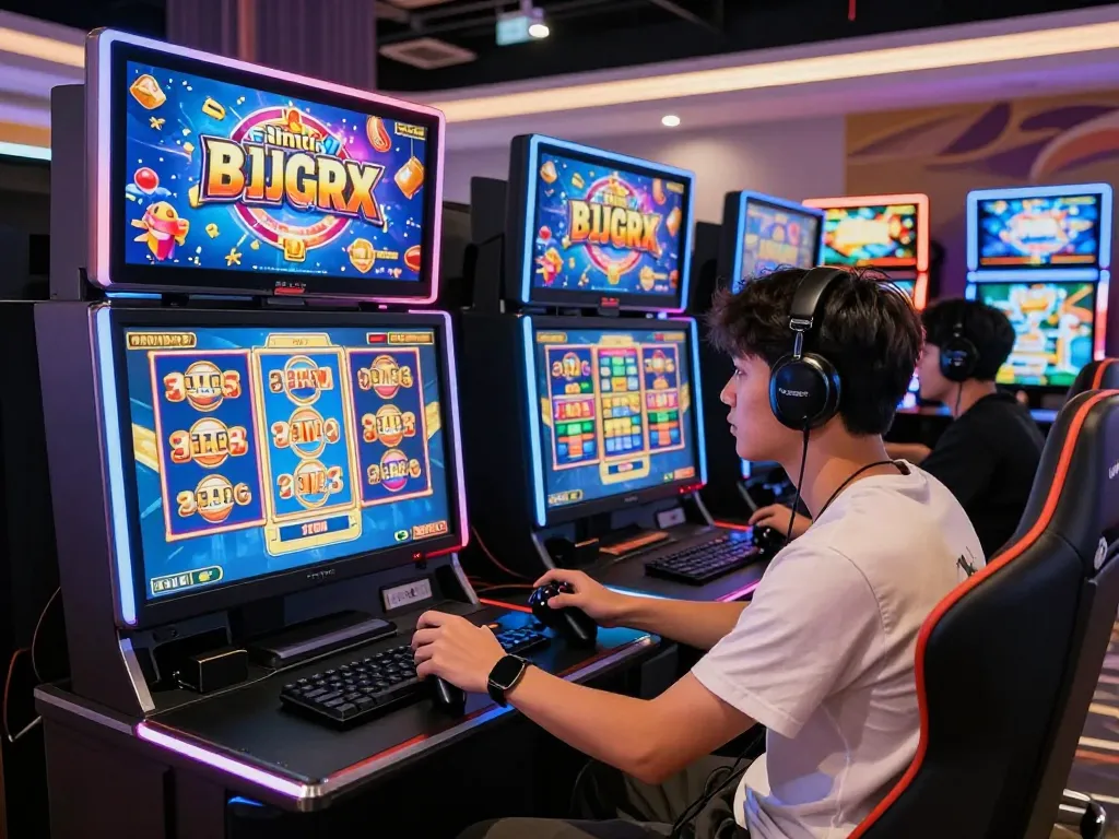 situs slot gacor suasana permainan dengan pemain yang fokus pada mesin slot berwarna-warni di kasino digital modern