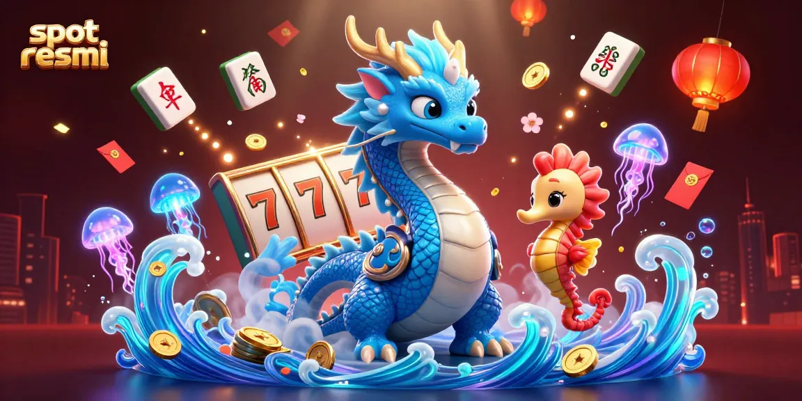 Experience thrilling wins at slot resmi with a vibrant 3D dragon and seahorse knight amidst glowing casino elements.