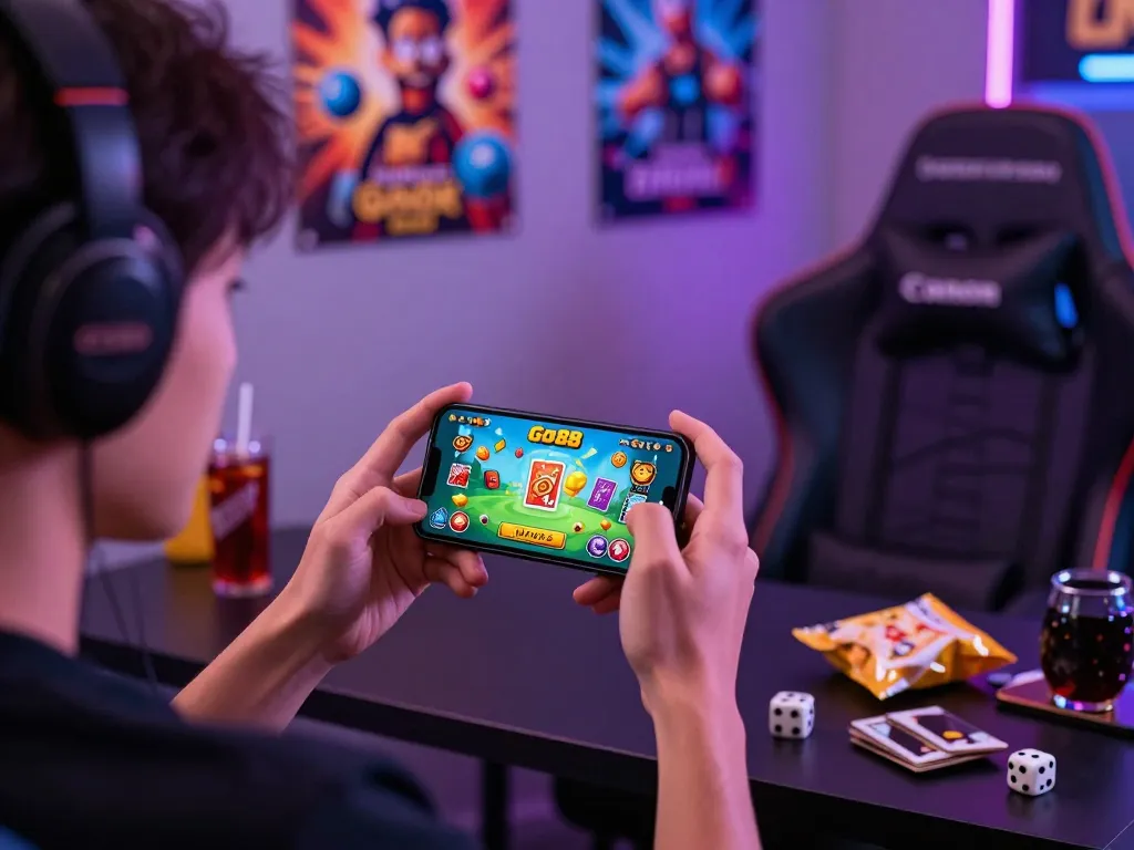 Engaged player tải go88 on smartphone in colorful gaming room filled with vibrant graphics.