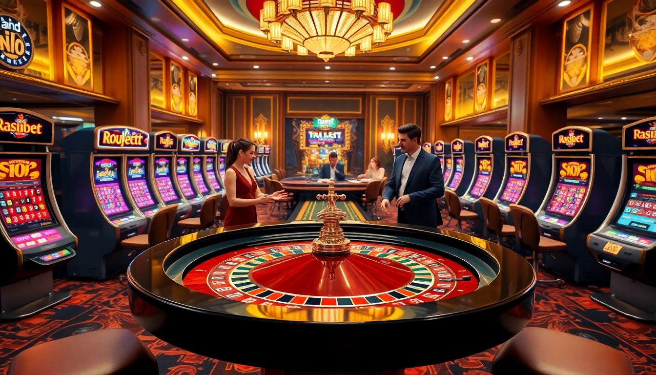 Experience the thrill of gambling with ink vao 12bet at a luxurious casino featuring vibrant slot machines and a roulette table.