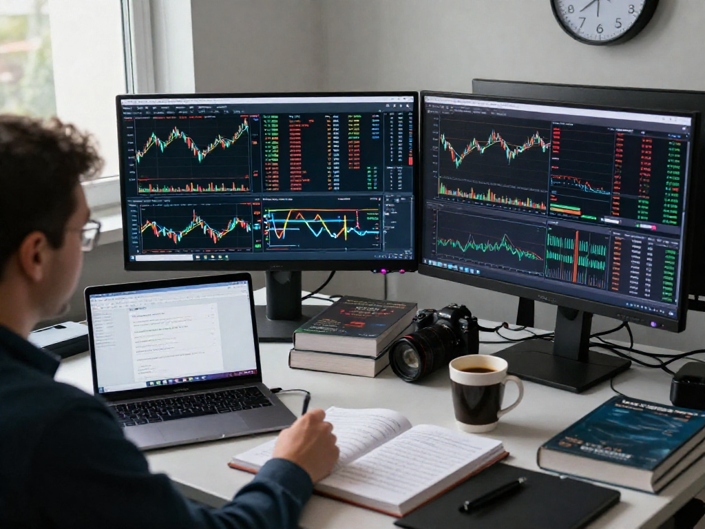 使用metatrader 5进行金融交易分析的专注交易员，动态交易桌环境。