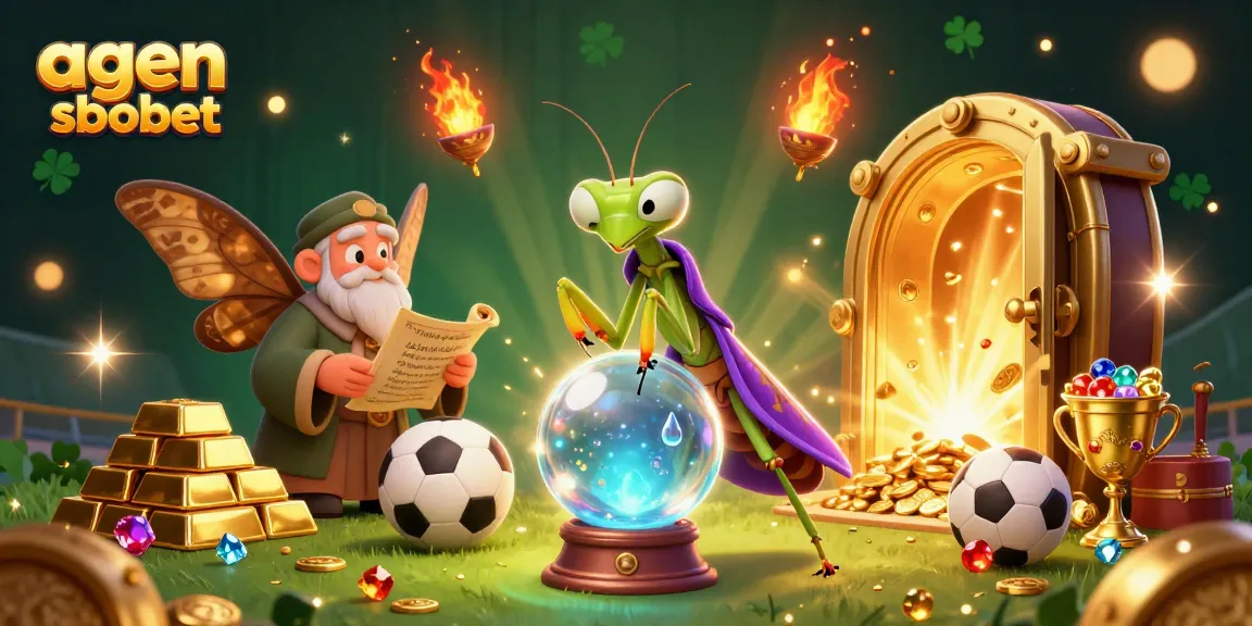 Engage in sports betting excitement with agen sbobet in a vibrant, cartoonish illustration of fortune telling and treasures.