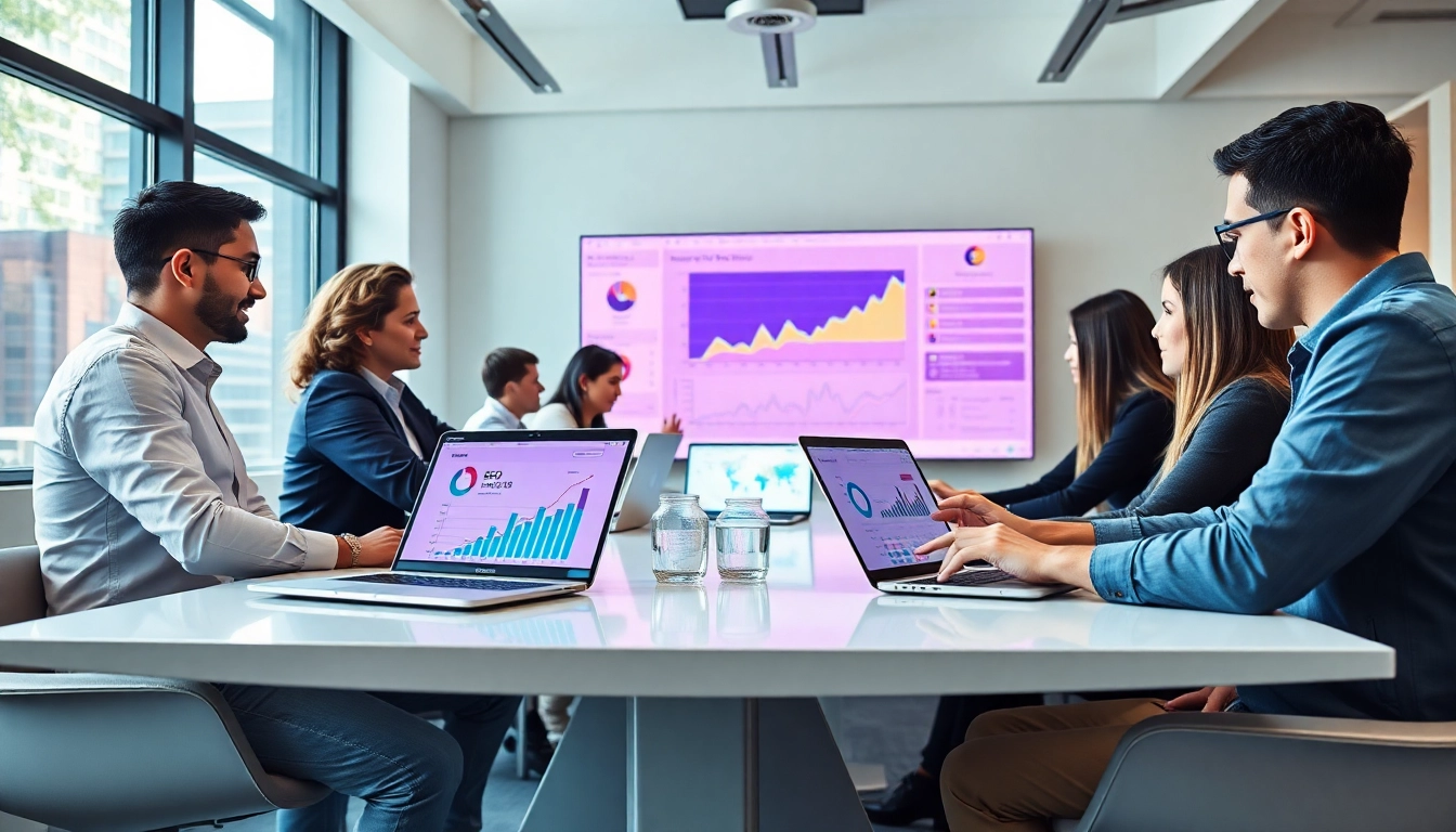 Analyzing SEO performance metrics with a collaborative digital marketing team during a strategy session.