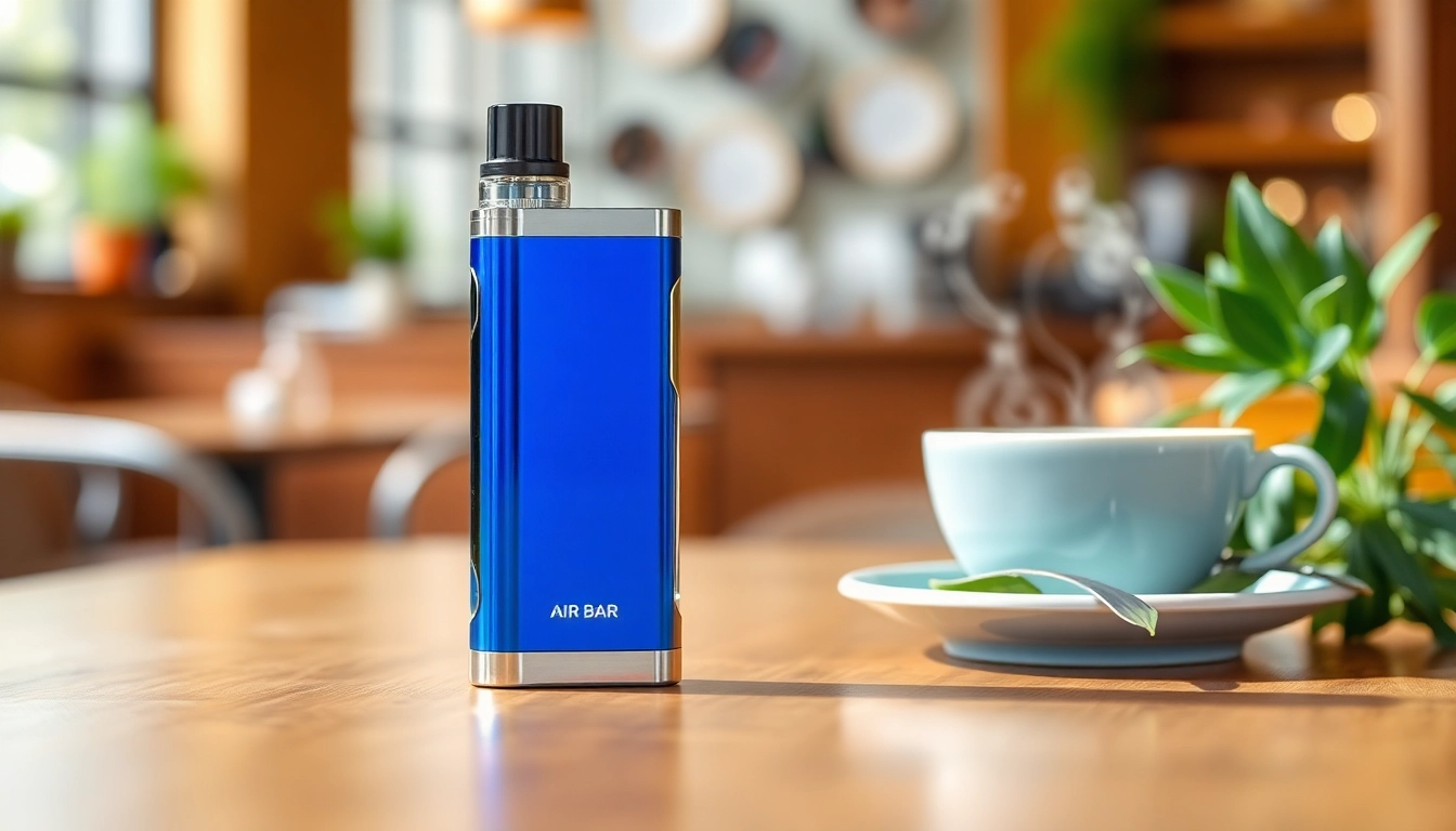 Explore the sleek air bar vape with vibrant colors in a stylish café setting.