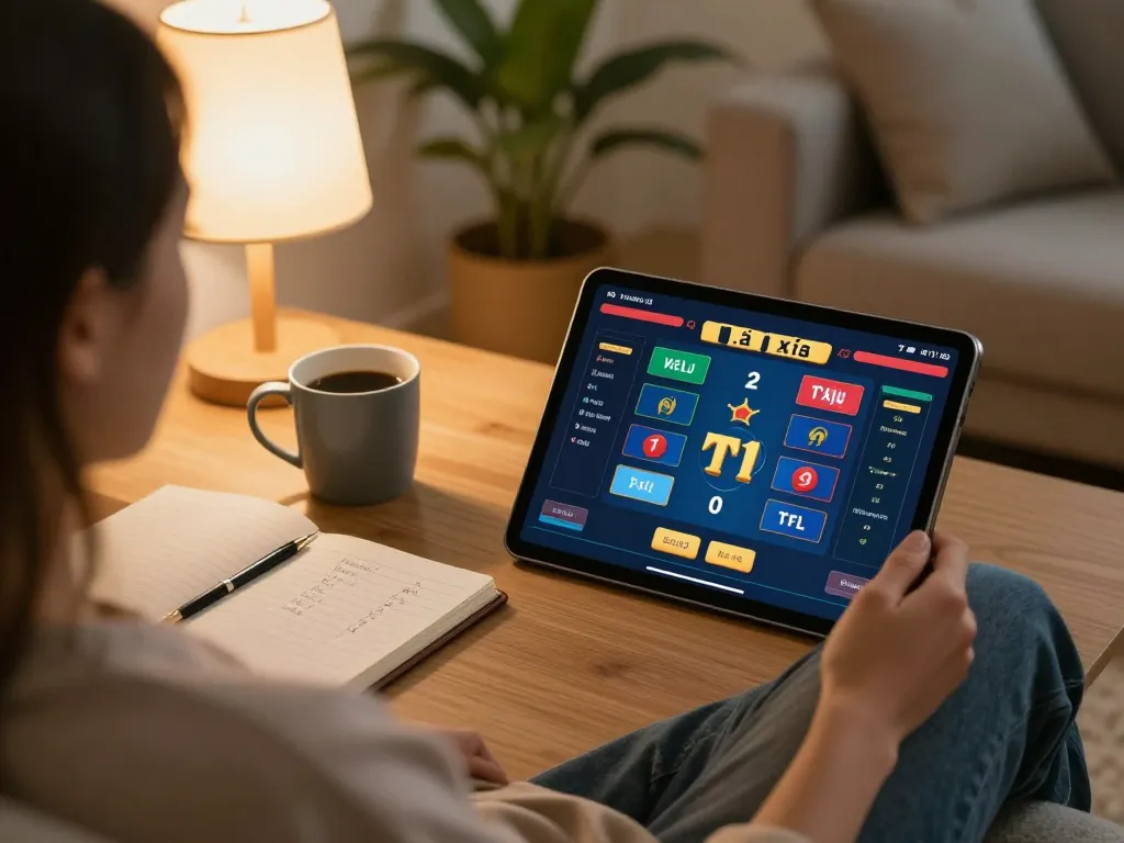 Tài Xỉu online uy tín gameplay in a cozy living room, showcasing a user engaged in responsible gaming strategy.