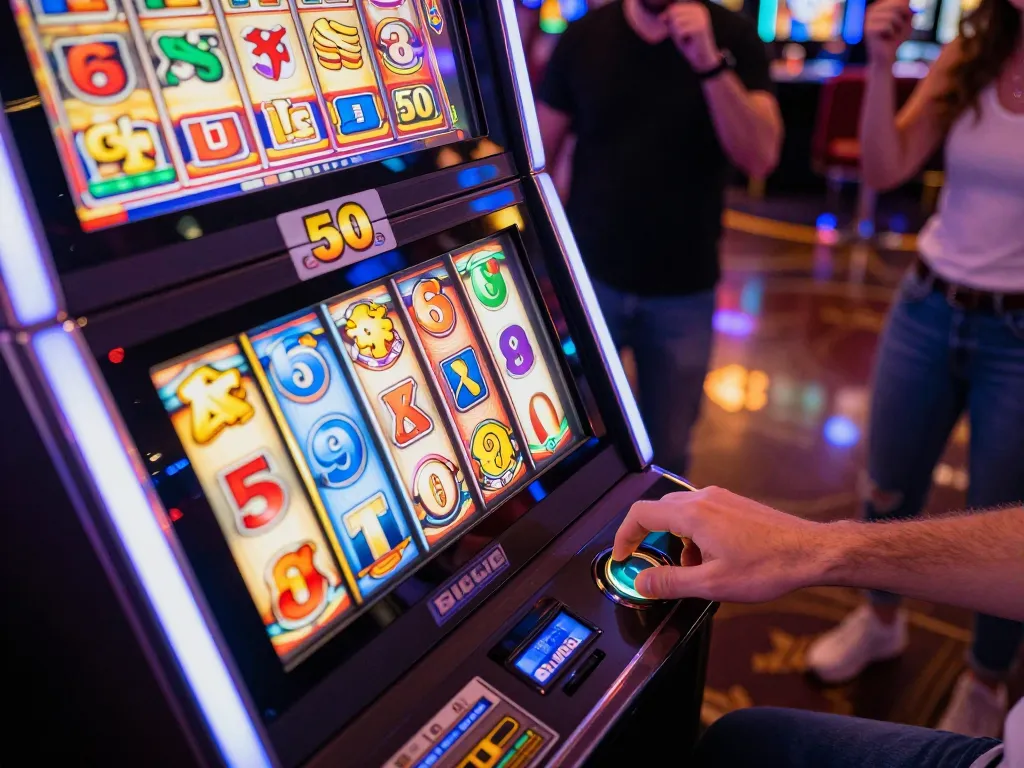 Excited player engaging with a slot machine while placing a slot bet 50 in a vibrant casino setting.