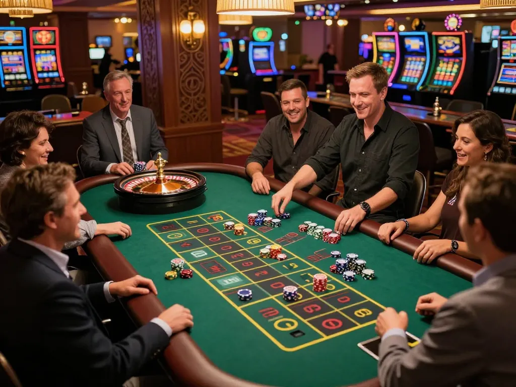 Engaging gameplay at CM88 COM roulette table in an upscale casino, players placing bets.