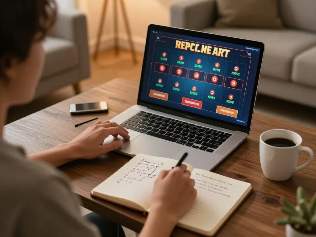Engaging in w 88 online casino gaming with strategies noted in a cozy home setup