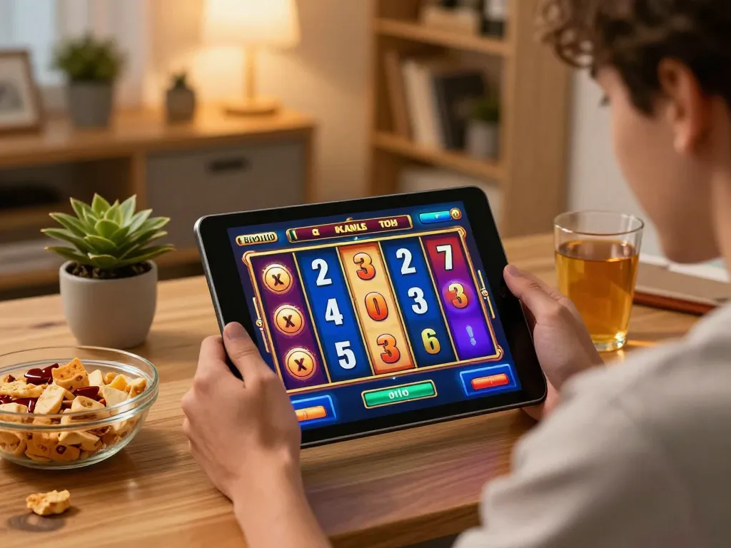 Player enjoying paris888 online slots with vibrant screen graphics, celebrating a win at home.