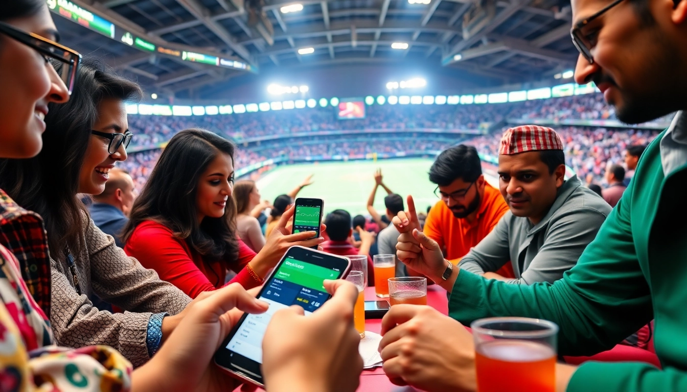 Engaging scene of sports betting sites India showcasing diverse individuals using mobile devices to place bets.