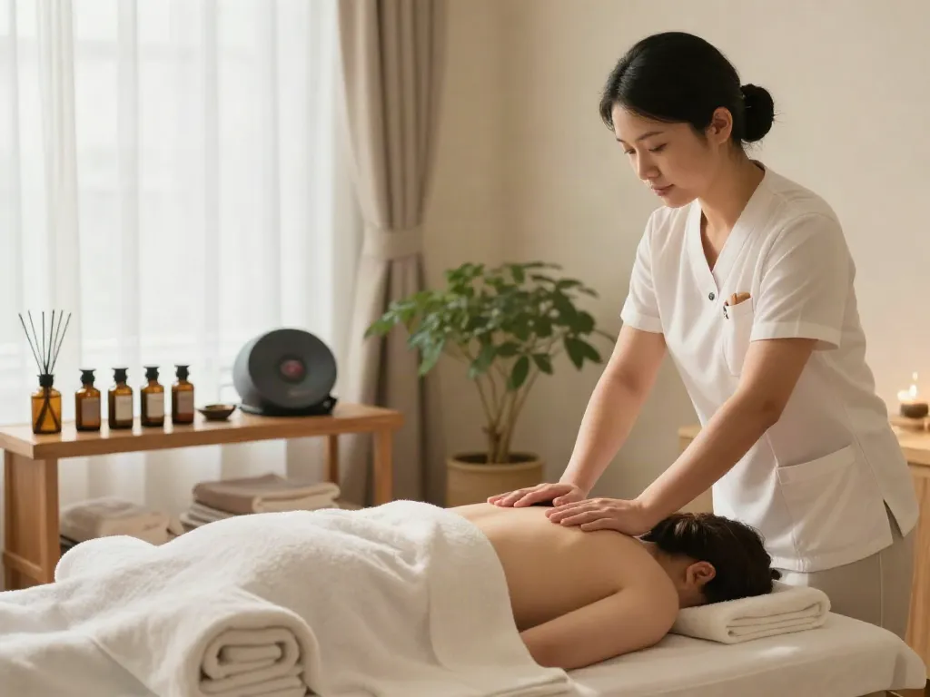 송도출장마사지 in a calming spa setting with natural light and essential oils.