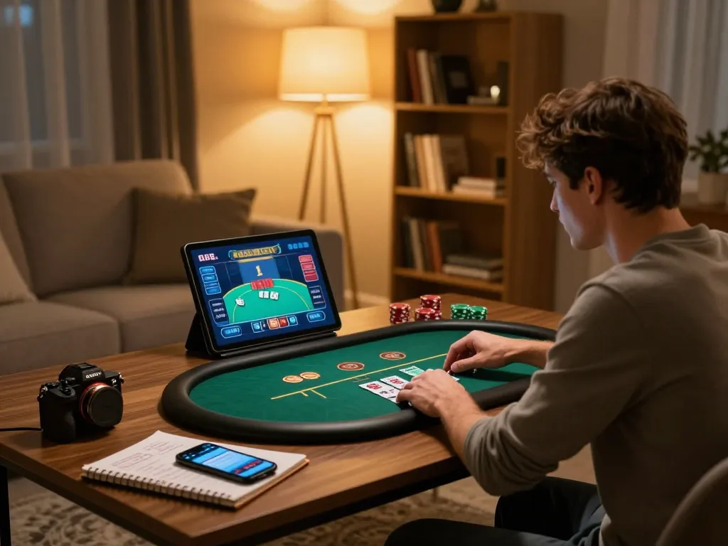 Playing poker online with open88 on a tablet in a cozy living room setting, emphasizing responsible gambling.