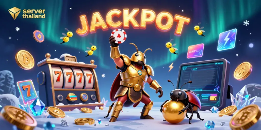 Engaging scene showcasing a hero beetle celebrating a server thailand jackpot with vibrant casino elements.