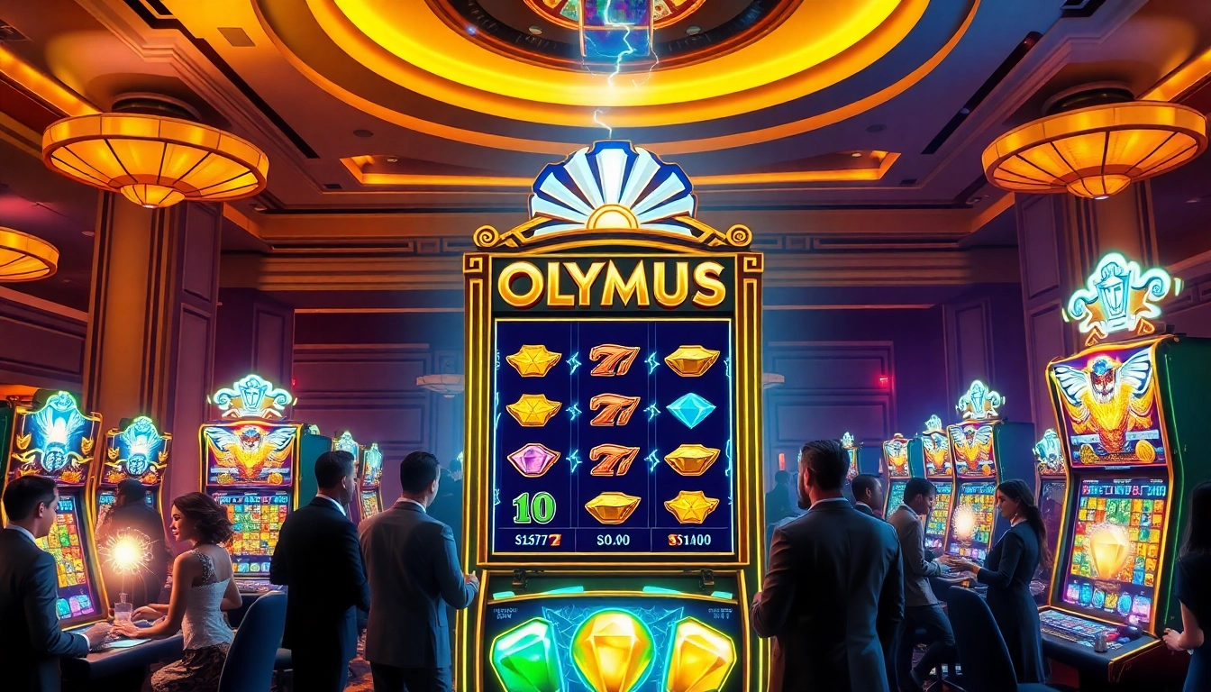Pemain yang sedang memutar mesin slot Olympus di kasino mewah dengan tema Yunani.