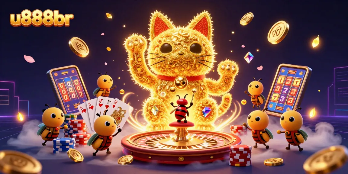 Experience excitement with u888br's dynamic casino scene featuring golden lucky cat and vibrant game elements.