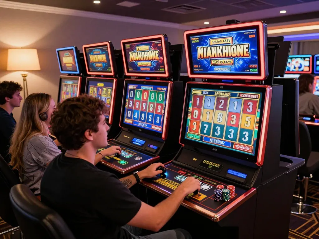 Engaged players enjoying slot online games in a vibrant modern casino environment.