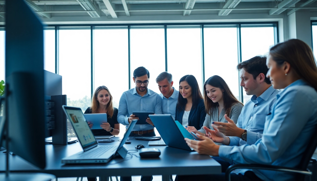 Team collaborating on business technology solutions in a modern office, showcasing teamwork and innovation.