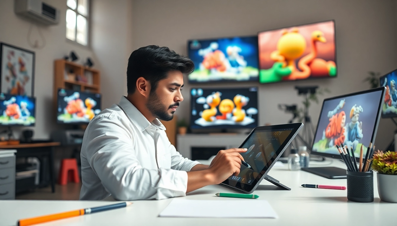 3D Animation artist creating immersive digital visuals in a bright studio environment.