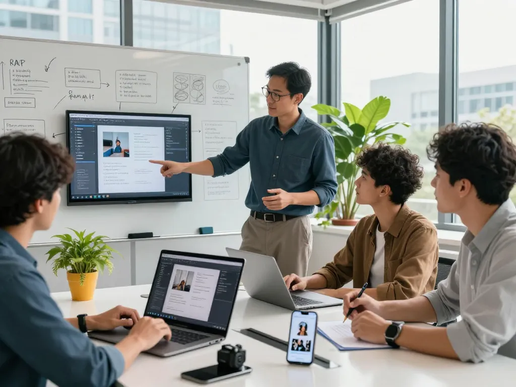Team using image to prompt technology in a modern office, showcasing collaboration with AI tools.